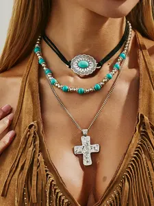 Boho Imitation Turquoise Flower Clavicle Chain Necklace Set, Ethnic Style Cross Pendant Jewelry for Parties & Home Gatherings