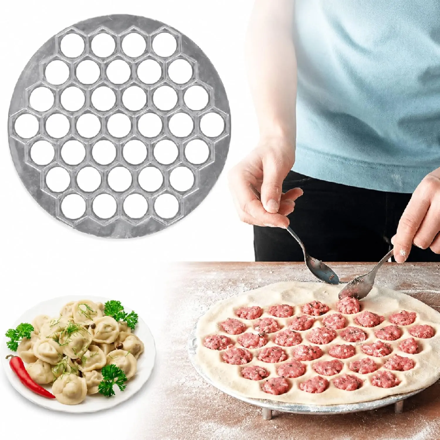 37-Hole Cast Alumi Dumpling Maker, Handy Aluminum Alloy Manual Mold - Shaped Utensils for Uniform Wonton Pastry Biscuits Dough Press, Home Kitchen Cooking Tool