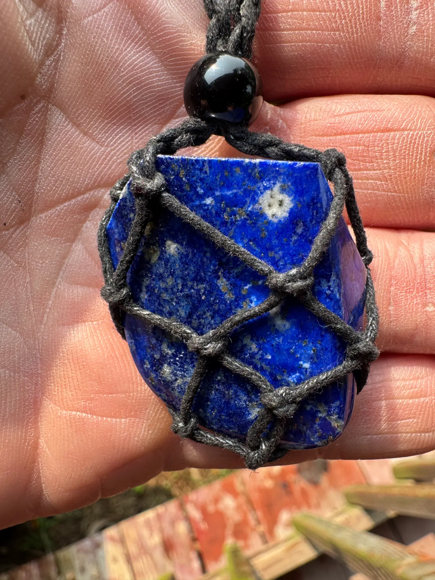Lapis Necklace - Blue Lapis Pendant with Black Accent Bead and Rope Design