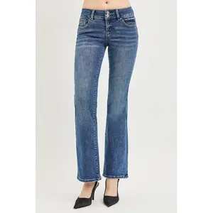 Women's RISEN Low-Rise Tummy-Control Stretchy Spandex Bootcut Jeans with Casual Leg Pockets - Basic Womenswear Bottoms