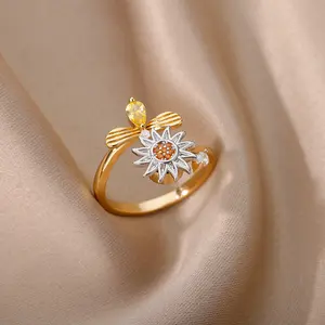 Flower & Bee Fidget Ring - Stainless Steel Adjustable Comfortable Design for Calming Anxiety & Stopping Nail Picking - 30-Day Warranty Included