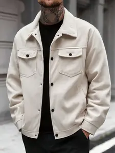 Men's Corduroy Work Jacket with Multiple Pockets, Casual Long Sleeve Button Collar, Polyester Fabric