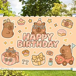 Capybara Brand 1pc Cute Capybara Birthday Feast Polyester Party Banner Happy Capybara Photography Backdrop for Birthday Party Decorations Environmental Celebration Universal Festive Decoration Fits Various Occasions Ornaments White