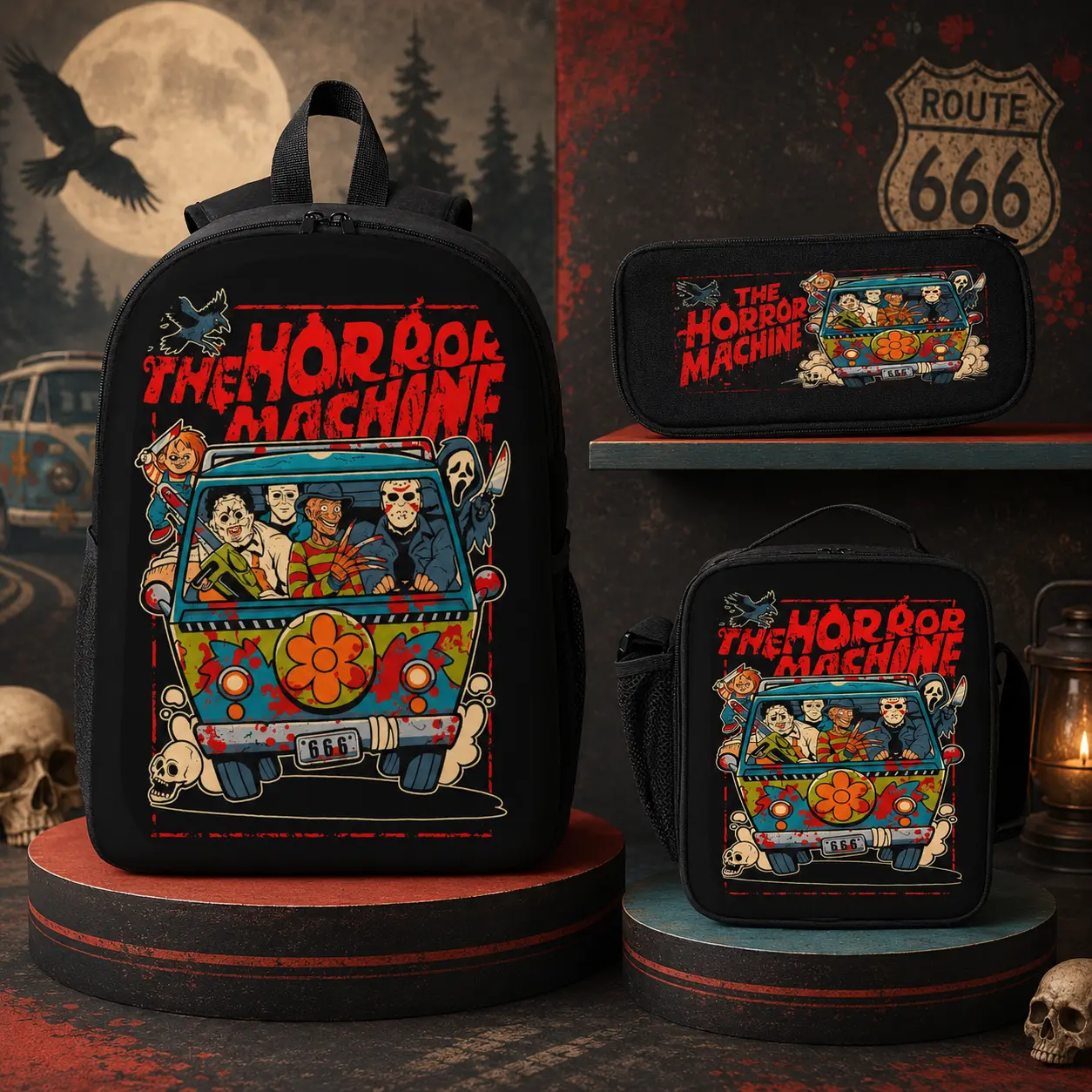 Horror Movie 3-Piece Backpack Set, Character Art Streetwear Bookbag with Lunch Bag & Pencil Case for Teens, Large Capacity Casual Backpacks for School, Character Art Backpacks