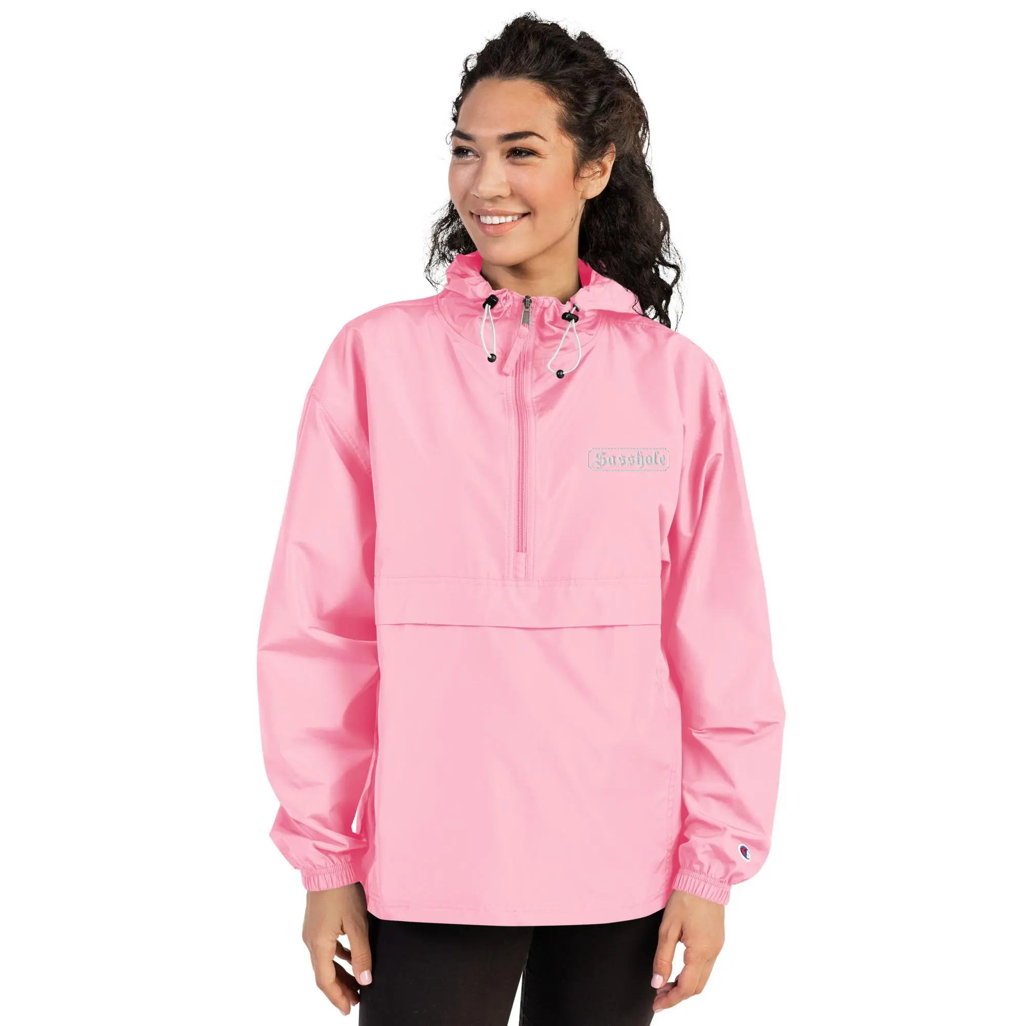 Embroidered Champion Packable Jacket: "Sa$$hole" (Front Only)