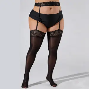 Plus Size Oil Shiny Lace Garter Belt Thigh High Stockings Set for Women | 2 Pair Shear Glossy Silicone Hold Up Garter Tights | Sexy Lingerie Suspenders for Curvy Hips Over Knee Socks | Elastic Waist
