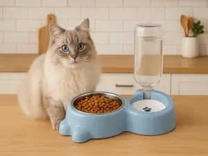 PetSmart Dog & Cat Feeding Station with Automatic Water Dispenser Light Blue 2-in-1 Pet Food & Water Bowl Set Stainless Steel Bowl & Refill System for Cats & Small Dogs