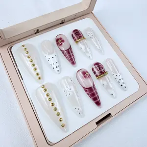 DiDazzle 10 PCS Handmade Wine Red Floral Press On Nails | Elegant Gold Pearl Design | Salon Quality, Nail Inspo, 3D Press-On Floral Motif Press On False Nails