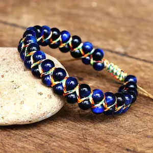 1pc Blue 6mm Natural Tiger Eye Bracelet, Woven Men'S Bracelet