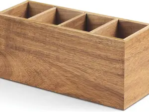 Acacia Wood Pencil Pen Holder for Desk with 4 Slots for Countertop Makeup Brush Organizer & Silverware Caddy for Party Office Accessories