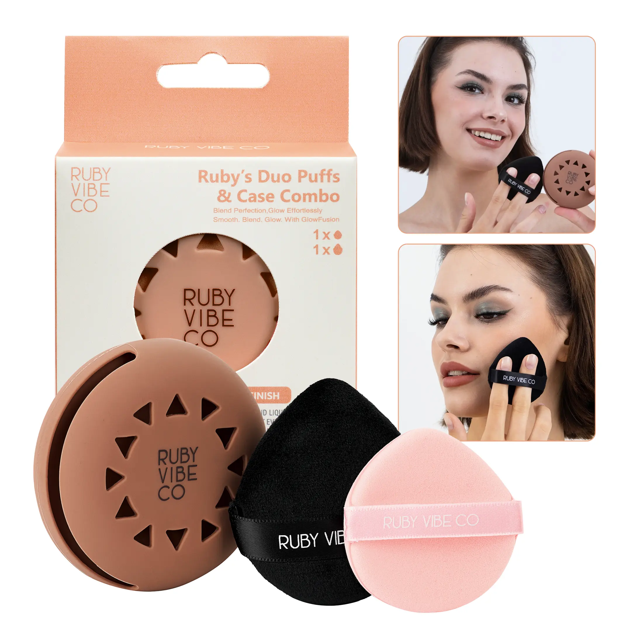 RUBY VIBE CO Powder Puffs & Makeup Puff Set with Silicone Case, Triangle Powder Puff & Air Puff for Face Powder, Latex-Free Powder Sponge for Liquid, Cream & Powder Makeup Beauty Puff