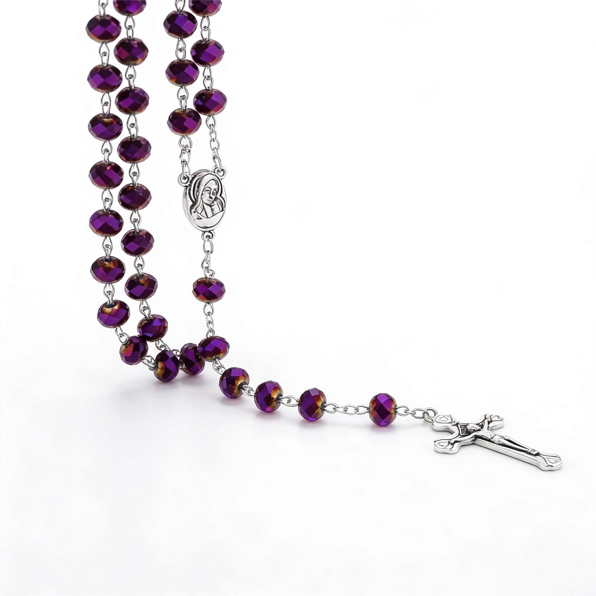 Y2K Purple Crystal Rosary Necklace | Silver Crucifix Prayer Beads | Christian Faith Jewelry for Women & Religious Gifting