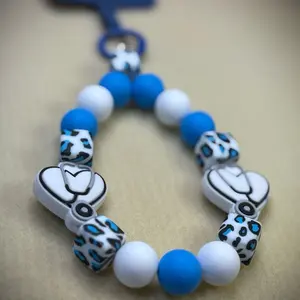 Phone Chain with Blue and White Beads and Nursing Charm for Stylish phone Accessory