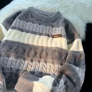 Men Japanese Vintage Autumn Winter Trendy Idle Style Twist Color Blocking Stripe Knitted Sweater Couple Cashmere Blend Top Soft Warm Comfortable Wear