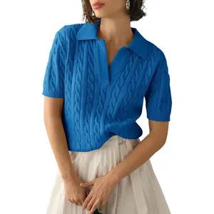 Lady's Cable-Knit Short-Sleeve V-Neck Lapel Blouse, Ribbed Lightweight Fashion Twist Pullover Top for Casual Chic Outfits,summervibes