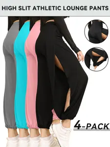 Women's High-Slit Activewear Lounge Pants Hippie Harem Yoga 4-Piece Set in Grey Teal Pink Black Bohemian Style Comfortable Versatile for Yoga Lounging Love Bottoms - Womenswear, Trouser