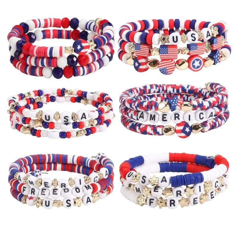 Patriotic Bracelets 4th of July Beaded Stretch Bracelets for Women American Flag Charm Bracelets Independence Day Accessory