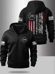 Men's Fall Winter Flag Series Graphic Print Fitted Half-Zip Hoodie, Fleece Lined Jacket with Zip Design, Fashion Daily Wear, Sweatshirts
