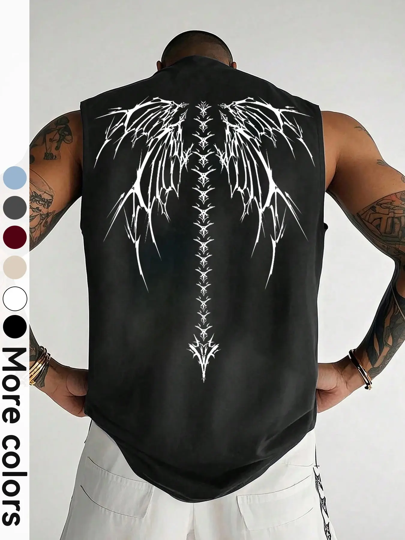 Cyber Y2K Gothic Silver Chrome Spinal Wing Print Athletic Tank Top Men Sleeveless Muscle Fit Techwear Vest for Gym Workout & Streetwear Aesthetic Outfits Sports Tank Tops