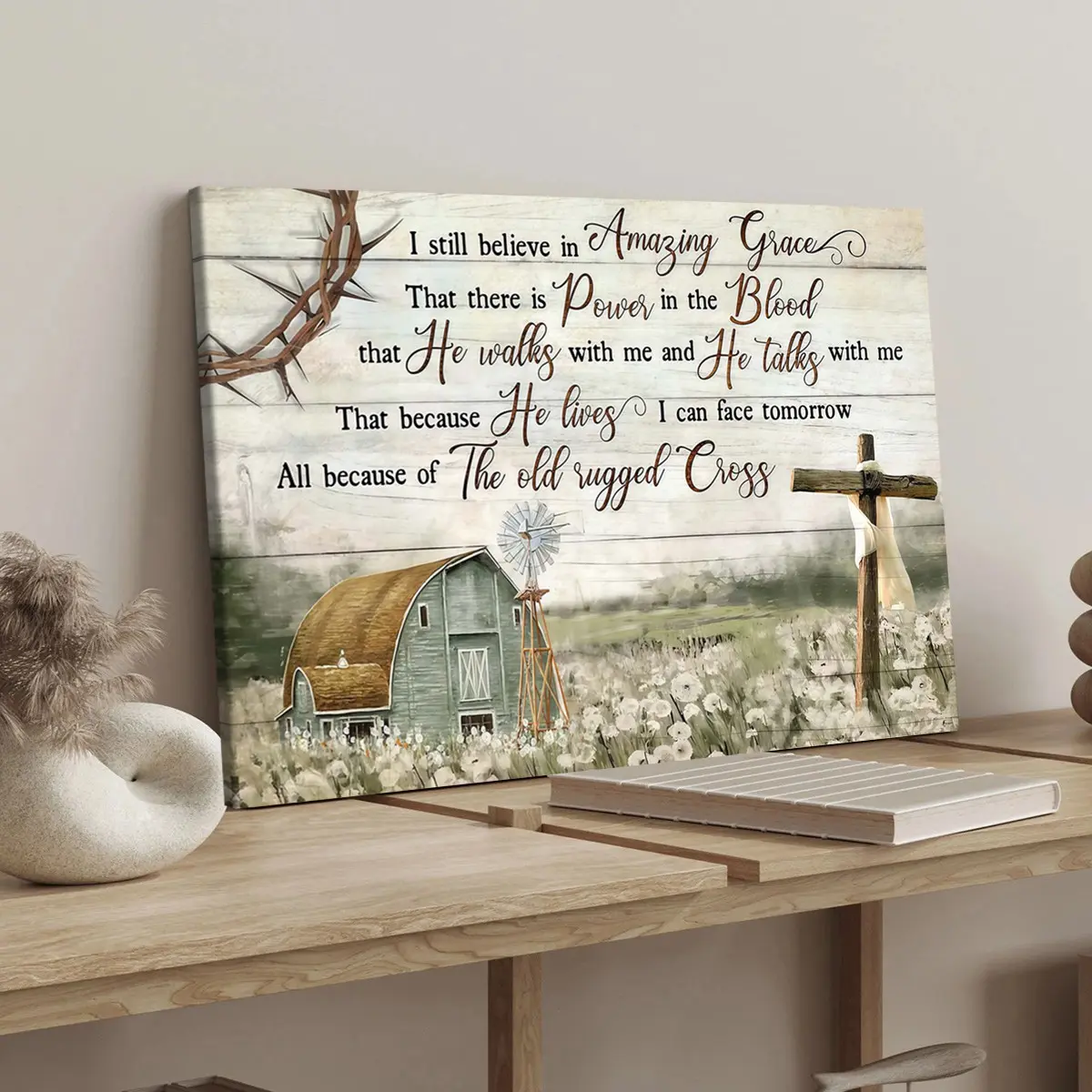 1 Count wooden frame canvas, "I still believe" Pastoral Cross Message Poster, fashion poster, exquisite bedroom mural, modern art decoration, Wall Art Painting, suitable for corridor wall decoration, ideal gift, waterproof, print