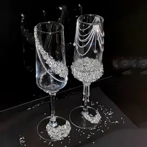 Luxury Rhinestone Champagne Flute, Handmade Crystal Inlaid Wine Glass, Elegant Wedding Toast Glass for Bridal & Groom