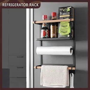 Magnetic Spice Rack Organizer Single Tier Refrigerator Spice Storage Shelf Easy to Install with Removable Wood Rod & Movable Hooks for Paper Towel Holder
