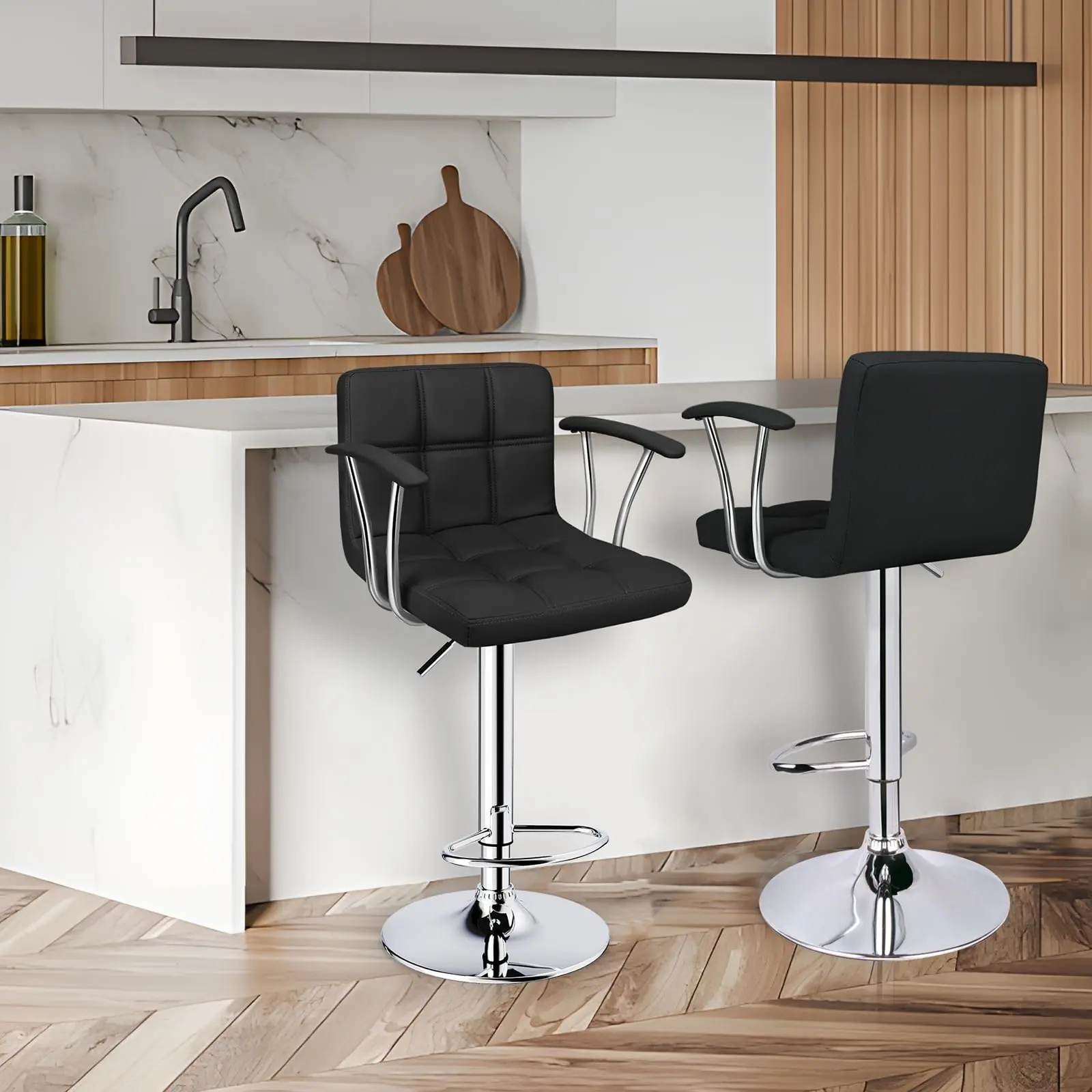 2-Piece Counter Height Swivel & Lift Stool Chairs - Rolling, Height Adjust, Adjustable Armrests, Double Needle PU Leather, Backrest for Kitchen Island