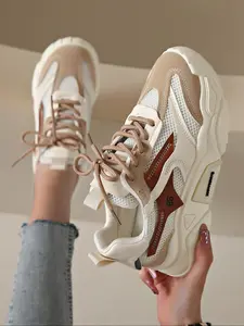 Women's Fashionable Color-block Mesh Design Chunky Sneakers, Casual Breathable Lightweight Outdoor Sports Shoes, Female All-match Round Toe Shoes for Daily Wear, Colorblock Sneakers, Footwear Sneakers