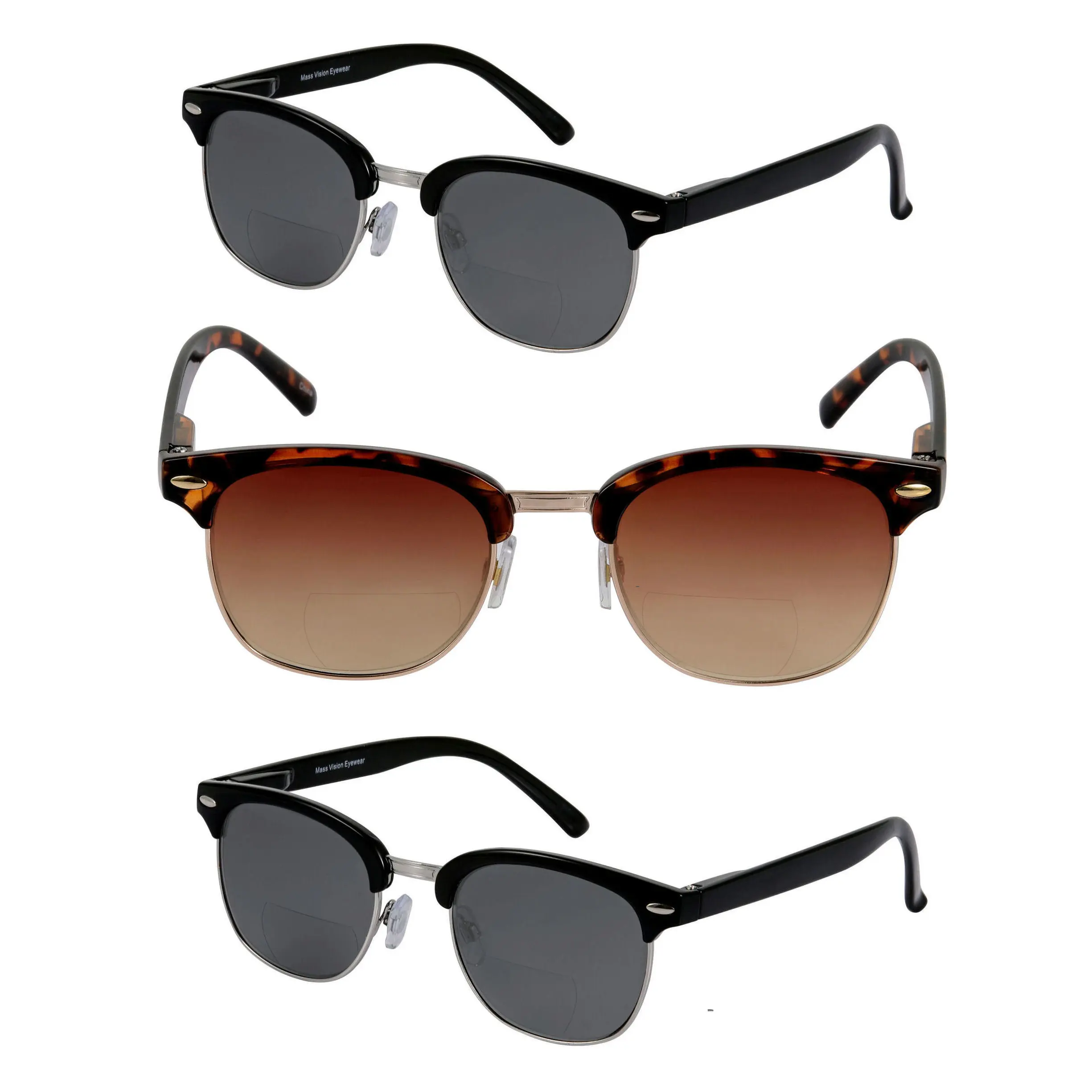 'The Executive' 3 Pair of Classic Semi-Rimless Lightweight Bifocal Reading Unisex Sunglasses with Spring Hinges