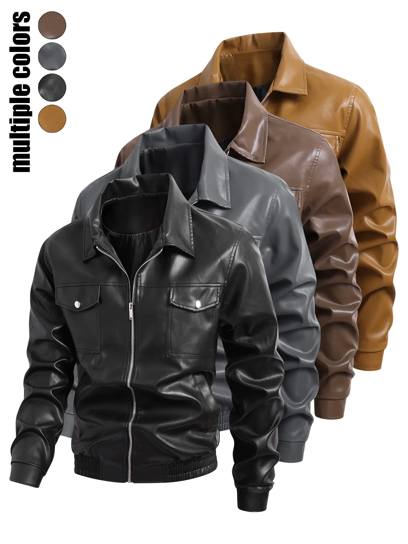 Men's Classic Long Sleeve Plain Faux Leather Bomber Jacket - Vintage Black PU Menswear Top, Zip-Up Motorcycle Coat with Turn-Down Collar, Button-Flap Chest Pockets, Casual Streetwear for Fall Winter