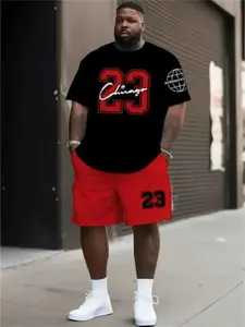 Men's Plus Size Short Sleeve Shorts Set, Casual Fashion Two-Piece Sports Wear, Digital Print Round Neck T-Shirt & Drawstring Shorts