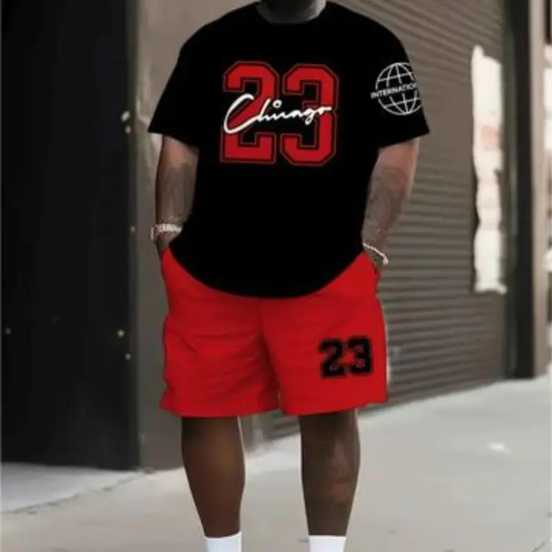 Men's Plus Size Short Sleeve, Casual Fashion Two-Piece Sports Wear, Digital Print Round Neck T-Shirt & Drawstring Shorts, Casual Outfit Set