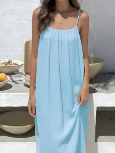 Women's Casual Loose Sleeveless Long Dress, Solid Color Flowy Beach Vacation Dress, Boho Style, All Seasons, Loose-Fitting