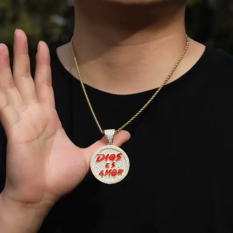 Statement Pendant Necklace with Iced Out Zircon Rhinestones, Gold Aesthetic Round Plate with Bold Red Text, 24-in Costume Rope Chain