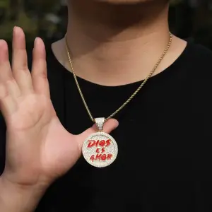 Round Shape Iced Out Stunning Plate Pendant Necklace Rope 24inch with Bold Red Text Design