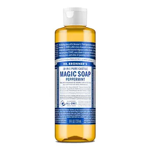 Dr. Bronner's Pure-Castile Magic Liquid Soap (Peppermint, 8 Ounce)- Made with Organic Oils, 18-in1 Uses: Face, Hair, Hand & Body Soap, Laundry, Pets- Concentrated, Vegan, Non-GMO