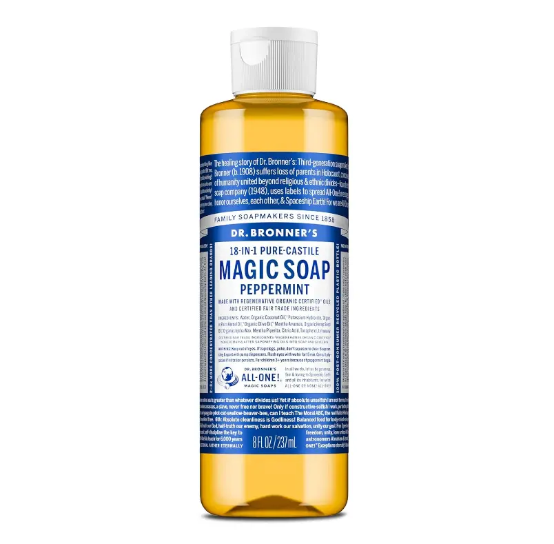 Dr. Bronner's Pure-Castile Magic Liquid Soap (Peppermint, 8 Ounce)- Made with Organic Oils, 18-in1 Uses: Face, Hair, Hand & Body Soap, Laundry, Pets- Concentrated, Vegan, Non-GMO