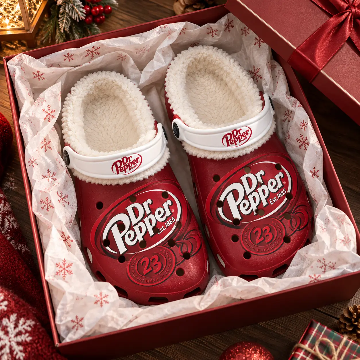 Red Soda Can Fuzzy Clogs, Retro Soft Drink Logo Print Plush Lined Slippers, Cozy Warm Winter Slip On Shoes, Comfortable Indoor Outdoor Clogs, Christmas Gifts for Men Women