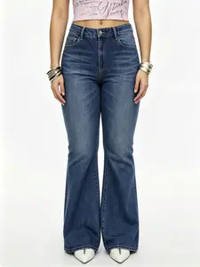 [Plus Size] Women's Casual Comfy high waist denim stretch flared leg jeans,simple style multi-pocket denim trousers for women,classic women's pants, daily urban fashion wear for all seasons.