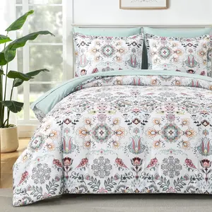 Boho Comforter Set King - 7 Pieces Bed in a Bag Floral, Bohemian Comforter Set with Sheets, Soft Microfiber Complete Bedding Sets All Season (Light Green, King)