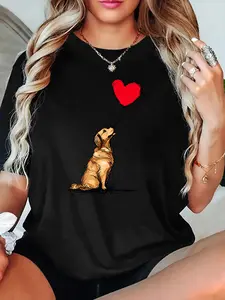 Golden Retriever with Red Heart Balloon Women's Casual Short Sleeve Crew Neck Cotton T-Shirt – Bestselling Dog Lover Graphic Print, Black, Machine Washable Spring & Summer Top, Soft Skin-Friendly Fabric, Daily Versatile, Fashionable Design