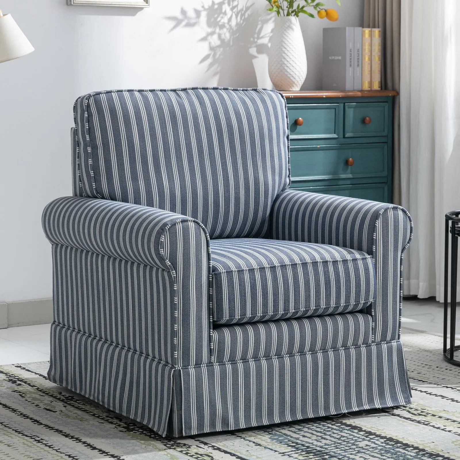EBELLO Accent Chair Linen Mid Century Modern Chair, Comfy Swivel Barrel Reading Chair, Upholstered Square Chair for Living Room Bedroom Small Spaces, Fully Assembled