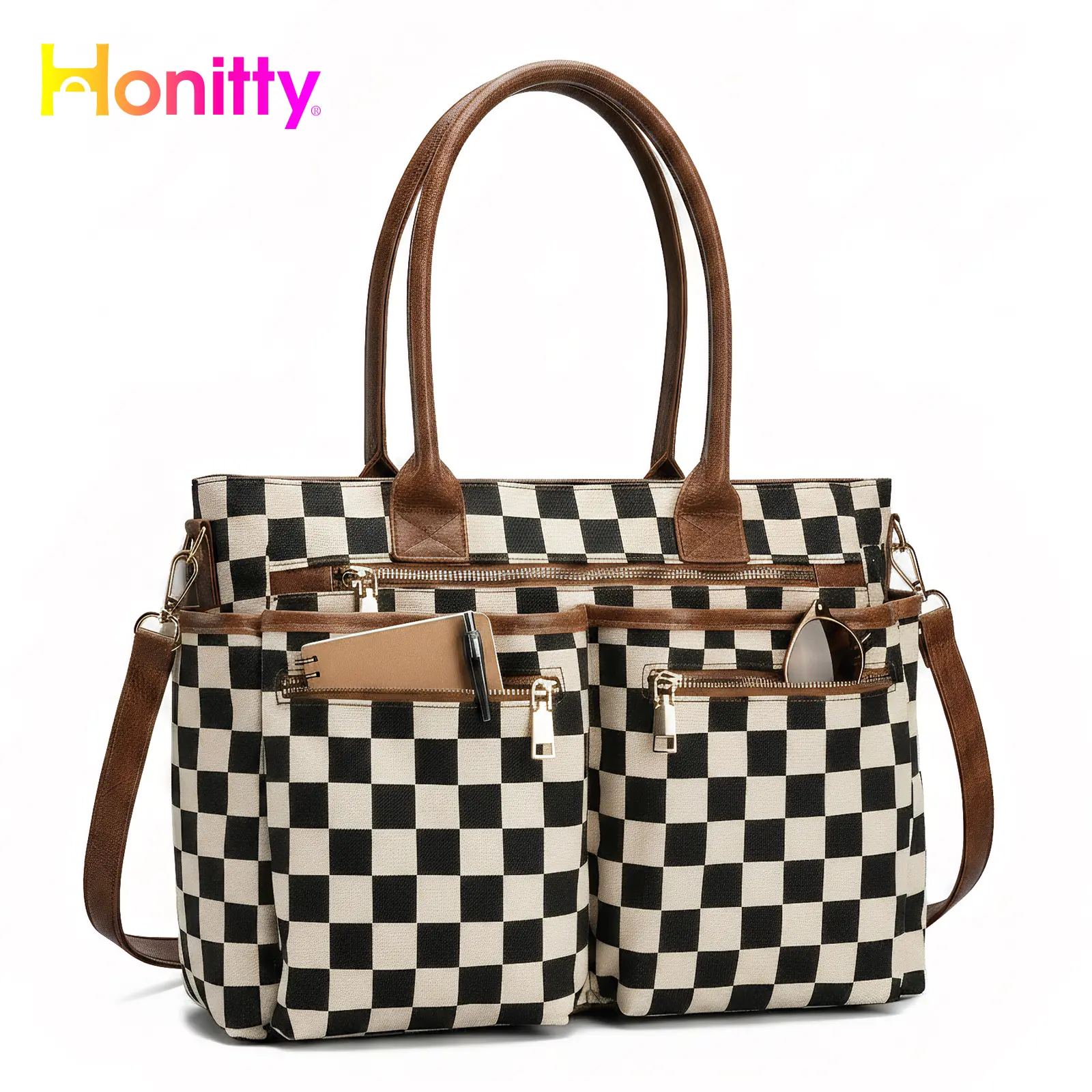Women's Checkerboard Pattern Zipper Crossbody Tote Bag, Large Capacity Multi-Pocket Design Portable Shoulder Bag For Daily Used, Girl Fashionable Shopping Bag summerwins,summerwins, Crossbody Bags For Women, Everyday Bag