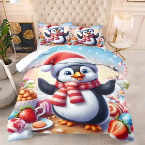 Penguin Group Pet  Christmas Style Quilt/Comforter Set (2/3 Pcs) Includes 1 Quilt/Comforter+1/2 Pillowcases No Filler Penguin Group Pet Christmas Decoration Elements People: Girls teenagers gift recipients Scenes: Bedrooms dorms Christmas rooms