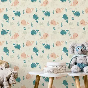 Cartoon marine animal theme wallpaper wallpaper, self-adhesive peel and stick, suitable for living room / bedroom background wall, furniture surface remodeling scenes, decorative renovation