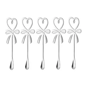 5-Piece Heart Butterfly Cup Spoon Set, Stainless Steel Coffee Stirrer, Sweet Dessert Spoon, Silver Color Dinner Spoon for Parties