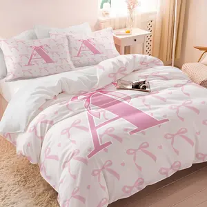 2/3 Pcs Fashion Pink Bow Printed Decorative Duvet Cover Set, Creative A-Z Alphabet Bedding Sets, Cute Style Design, Soft and Comfortable for All Seasons, Perfect Princess Room Home Decorating Kit, Filler Not Included