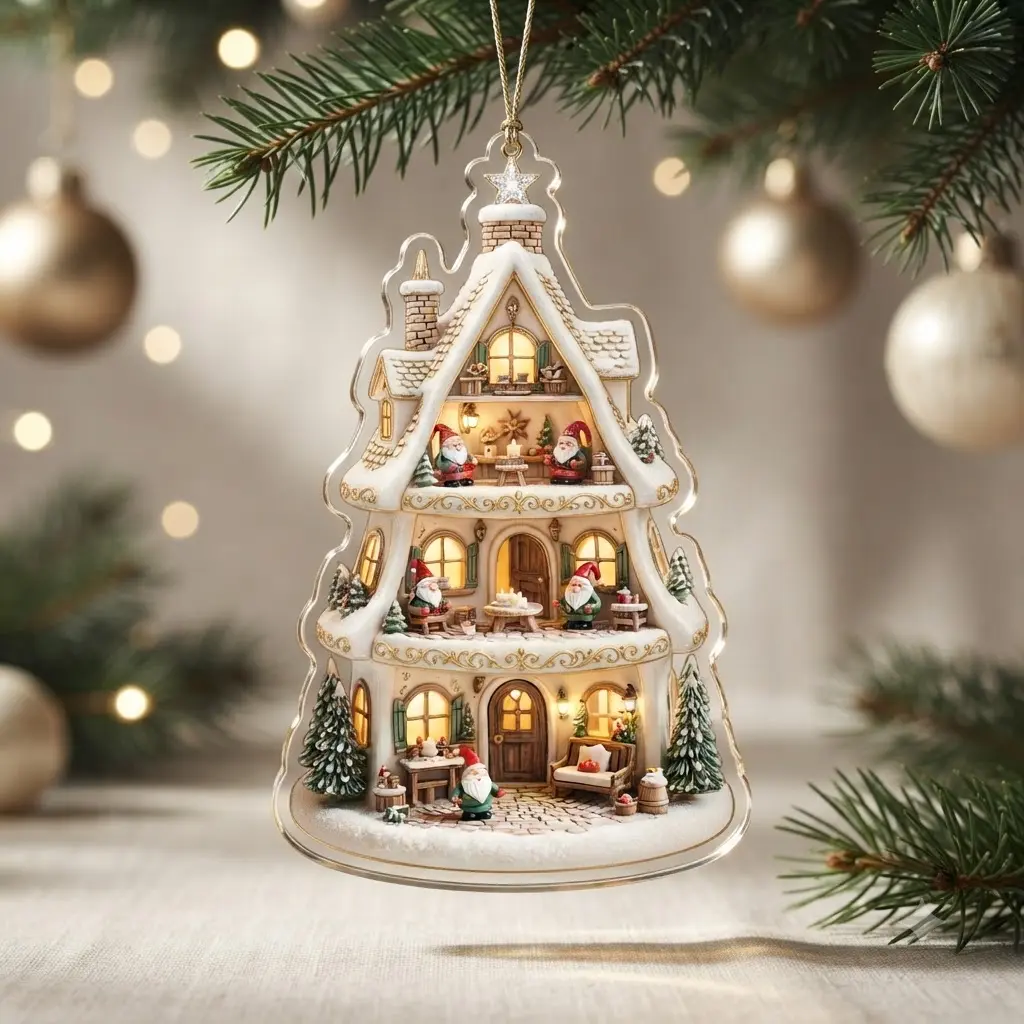 Festive Santa House & Tree Acrylic Christmas Tree Ornament, Festive Home & Party Decoration