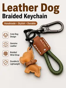 LUVTAG Handmade Genuine Leather French Bulldog Keychain, Braided Rope Carabiner Key Holder with Dog Charm, Anti-Lost Heavy-Duty Car Key Organizer, Perfect Birthday/Christmas/Valentine's Day Gift for Dog Lovers & Men/Women