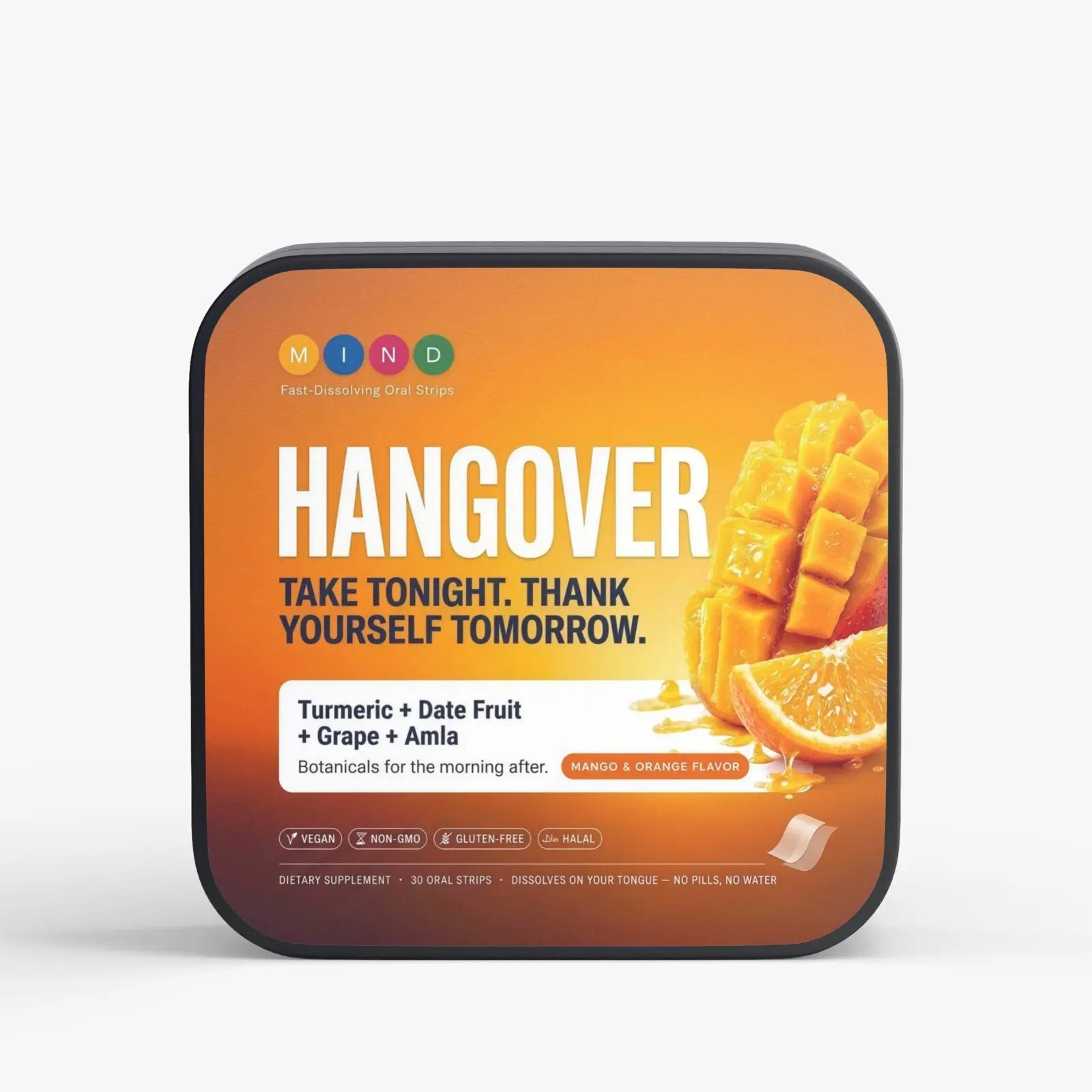 MindStrips Hangover Strips, Mango & Orange Flavor, 30 Fast-Dissolving Oral Strips, Turmeric + Date Fruit + Grape + Amla, Take Tonight, Vegan, Non-GMO, Gluten-Free, No Pills, No Water